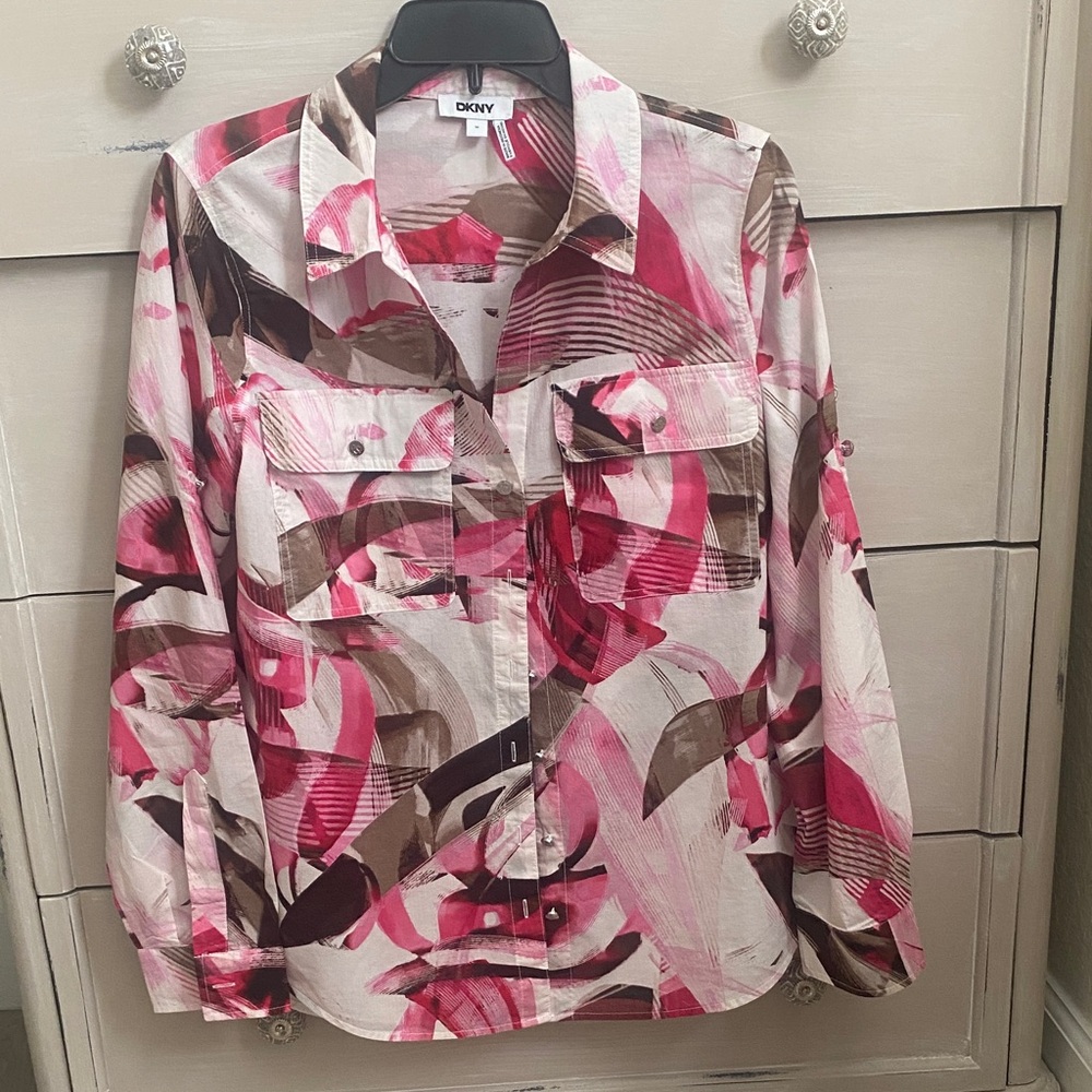 DKNY Pink and Brown Abstract Print Button-Up Blouse